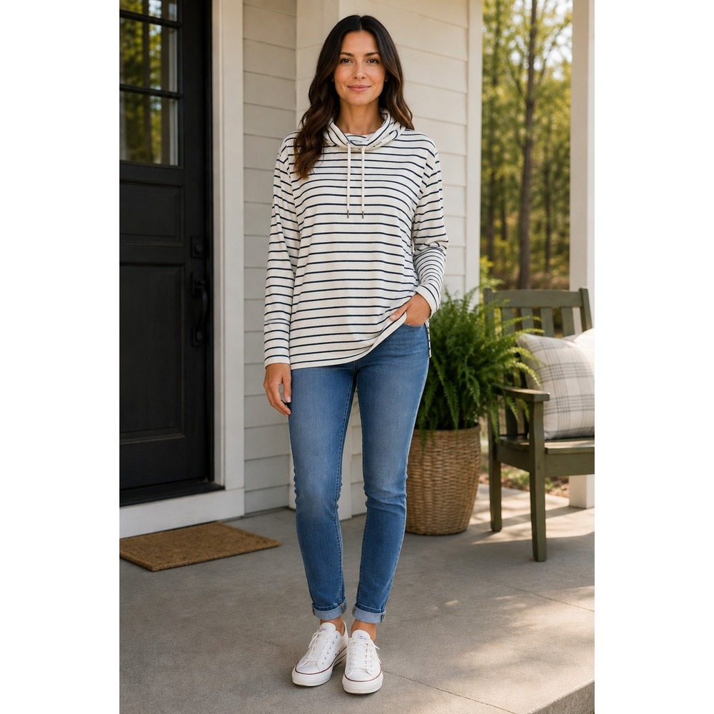 LL Bean XL Green Cream Stripe‎ Mock Neck Pullover Sweatshirt Cozy Casual Top